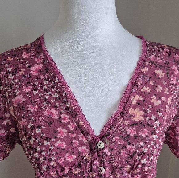 Lucky Brand Lace Trimmed Button Front Floral Midi Dress In Berry Size Small - Picture 4 of 11